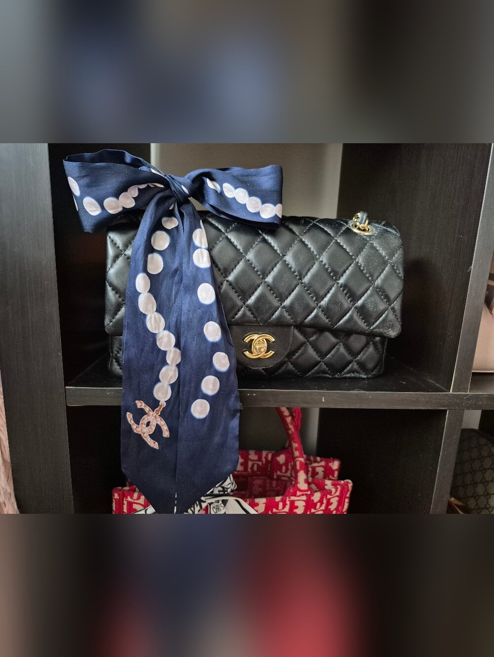 Designer-inspired Quilted Navy Polka-Dot Scarf Twilly ( Not The Purse)